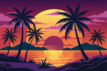 Vibrant Tropical Sunset Palm Trees Silhouette at Dusk