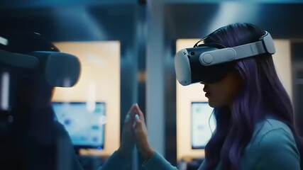 Young woman with purple hair experiencing virtual reality in a tech lab, engaging with digital interface - Powered by Adobe