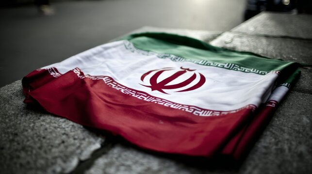 The flag of Iran, Folded tricolor flag with green, white, and red stripes on textured grey stone surface, featuring central red emblem and Arabic script, softly lit for contrast.