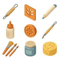 Pottery Decoration Tools. Isometric Flat icon set of pottery decoration techniques: sgraffito tool, stencil, underglaze pencil,