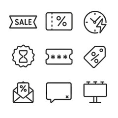 Obraz na płótnie Canvas Promotional Icons Outline. Outline icon set of Promotional Pricing Campaigns: sale banner, discount coupon, flash sale clock,