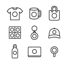 Promotional Merchandise Icons. Outline icon set of Promotional Merchandise Design: branded t-shirt, mug, tote bag, sticker sheet,