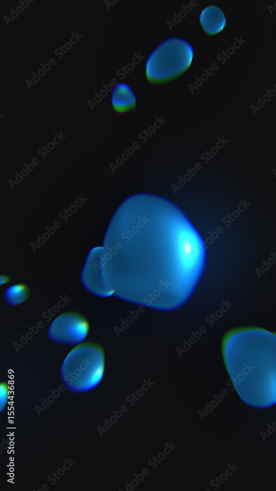 Poster floating blue liquid blobs in dark space, creating a glowing fluid motion effect with reflections an