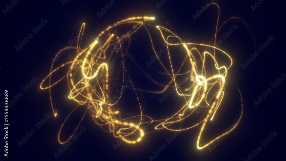 Poster dynamic golden light trails forming an abstract glowing sphere on dark background