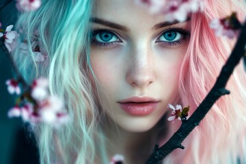 Fototapeta premium Commercial ad idea art. Spring mood, dark night and warm mystic light - complementary lighting. Attractive caucasian young woman surrounded by cherry blossoms. Woman posing in spring blossoms.