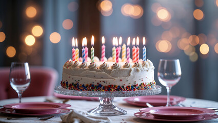 Delicious birthday cake with lit candles illuminating festive celebration
