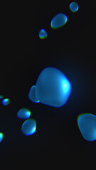 Floating blue liquid blobs in dark space, creating a glowing fluid motion effect with reflections and soft color gradients