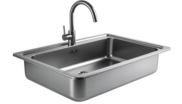 A sleek metal utility sink with a high-arching faucet, perfect for a basement laundry or workshop .isolated on solid white background in Png form