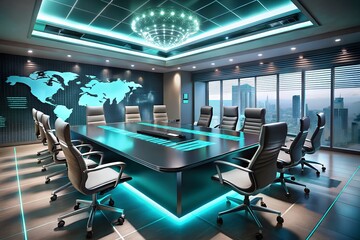 Modern futuristic conference room with world map and cityscape view