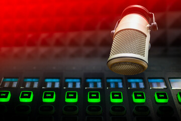 Professional microphone and sound mixer in radio station studio