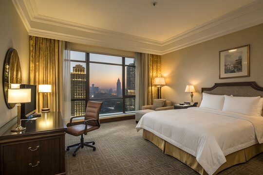Luxury hotel room with city skyline view at dusk and comfortable king size bed