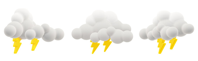 3D rendering cartoon style clouds with yellow lightning. Modern glossy plasticine style weather icon, view in three different angles, isolated.