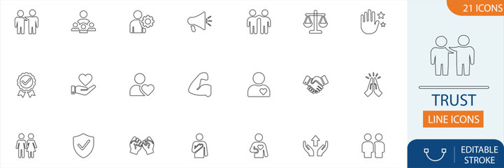 Trust line icon set. Minimal line icons representing honesty, loyalty, partnership, support, care, empathy, and integrity. Perfect for business and relationship themes.
