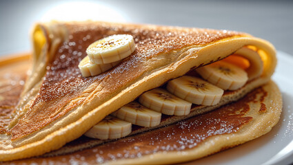 Delicious pancakes with fresh banana slices and icing sugar for a tasty breakfast