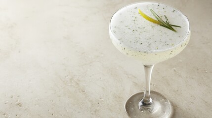 A fresh and delicate cocktail with white foam, lemon slice, rosemary and green sprinkles on a light - colored countertop, suitable for dining and bartending themes.