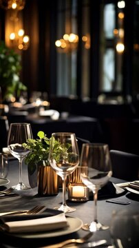 Elegant dinner table setting with wine glasses, cutlery, napkins, and candlelight for a fancy dining experience in dimly lit restaurant.