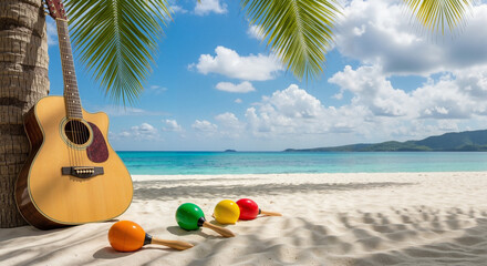 Acoustic guitar and colorful maracas on tropical beach by ocean  