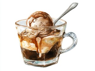 Delicate watercolor espresso affogato dessert with melting gelato swirl and creamy cocoa topping on white background