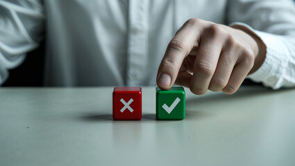 Businessman choosing correct answer, selecting green tick mark on cube