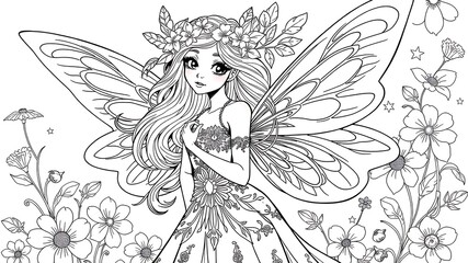 Elegant hand drawn fairy illustration with floral dress and wings for coloring book pages