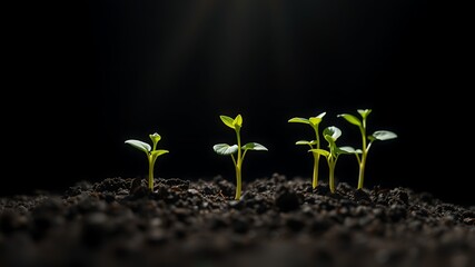 Emerging green seedlings representing growth and new beginnings against a dark background