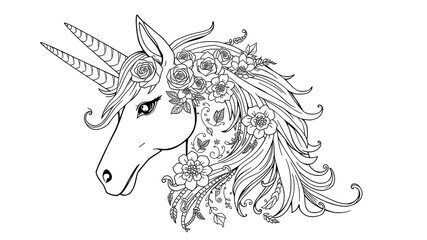 Elegant floral adorned unicorn head black and white outline illustration for coloring