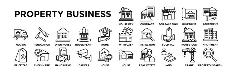 property business icon set. Editable Stroke Icon Collection. House Key, Mortgage Contract, For Sale Sign, Building Blueprint, Rental Agreement, Wallet with Cash, House Inspection, Sold Tag, House Icon