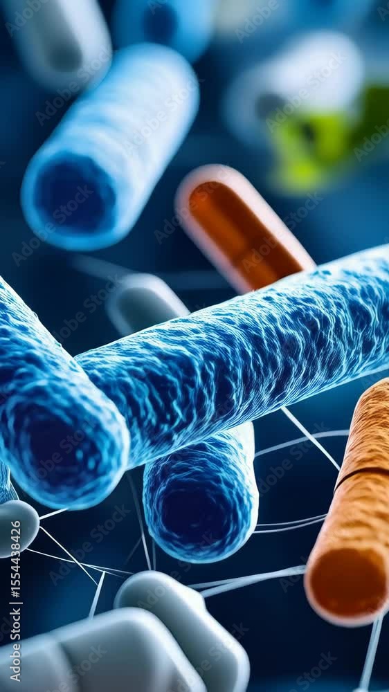 Aufkleber microscopic rendering of various pill and bacteria types on a blue gradient background representing 