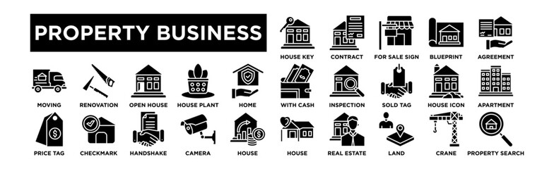 property business icon set. Editable Stroke Icon Collection. House Key, Mortgage Contract, For Sale Sign, Building Blueprint, Rental Agreement, Wallet with Cash, House Inspection, Sold Tag, House Icon