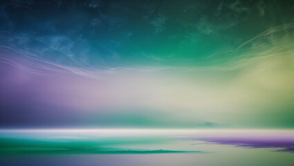 Surreal landscape with green and purple sky reflecting on water surface