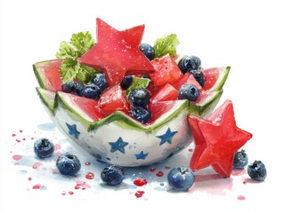 Vibrant watermelon rind bowl filled with refreshing mixed fruit salad featuring blueberry star shapes for a patriotic picnic feel on white background