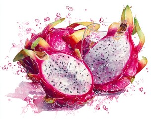 Vibrant watercolor illustration of dragon fruit halves floating in effervescent sparkling mineral water glass over white background