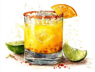 Vibrant watercolor illustration of fresh mango margarita with chili salt rim outdoor bar white background
