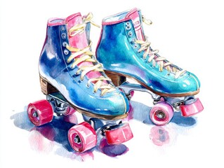 Vintage roller skate scene with neon light reflections on polished wooden floor evoking retro summer nostalgia