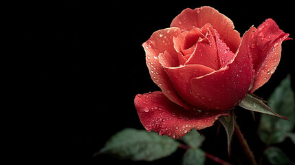 Close up of red rose with water droplets on petals against black background symbolizing passion romance and freshness in floral beauty