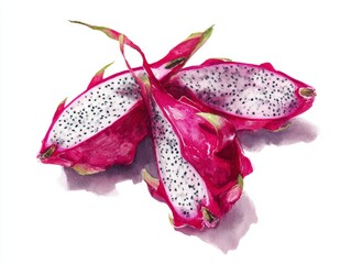 Vivid fuchsia dragon fruit halves positioned as butterfly wings on a dark slate plate