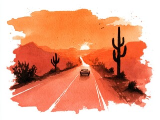 Vintage watercolor desert highway scene with convertible car and cactus silhouettes at sunset orange wash
