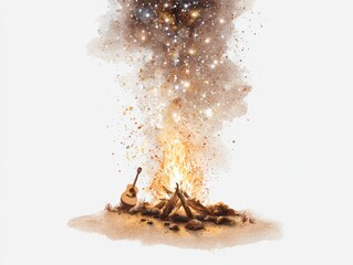Watercolor Beach Campfire Guitar Circle Under Sparkling Starry Sky with Warm Cinnamon Glow