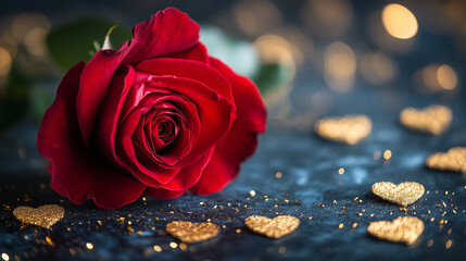Close up of red rose on dark background with glowing golden hearts and bokeh lights showcasing romantic love and Valentine's Day concept