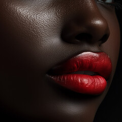 Close up of dark skinned woman with glossy red lips and smooth textured skin showcasing beauty and sensual elegance in makeup detail