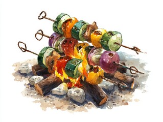 Watercolor depiction of charred grilled vegetable kebabs sizzling over glowing embers on white background