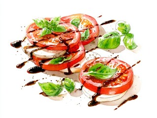 Watercolor depiction of sliced tomato mozzarella and fresh basil leaves gently drizzled with balsamic vinegar on white surface