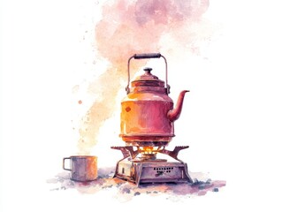 Watercolor illustration of a sunrise campsite with steaming coffee kettle over portable gas stove in warm orange pink morning light