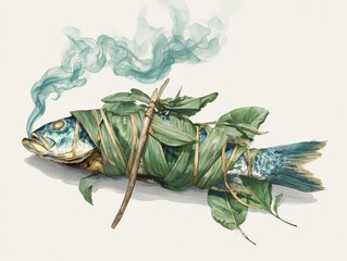 Watercolor illustration of banana leaf wrapped grilled fish served on tropical sand beach beside calm sea waves