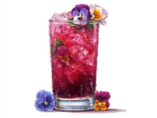 Watercolor illustration of chilled hibiscus iced tea in tall glass with condensation and edible flower garnish