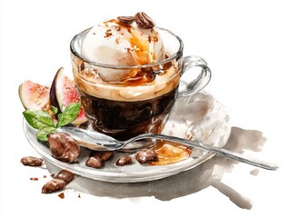 Watercolor illustration of espresso affogato dessert with creamy melting gelato swirl rich cocoa topping on white background