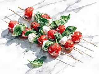 Watercolor Illustration of Fresh Tomato Mozzarella Basil Skewers on Marble Slab Background