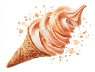 Watercolor Soft Serve Ice Cream Swirl Dripping Over Cinnamon Churro With Festive Carnival Atmosphere On White Background