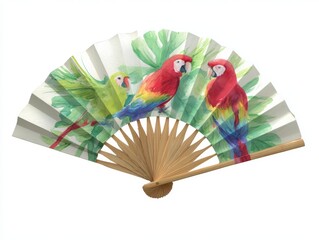Watercolor Tropical Parrot Motif on Handheld Folding Fan with Lime Green and Scarlet Accents in Midflight