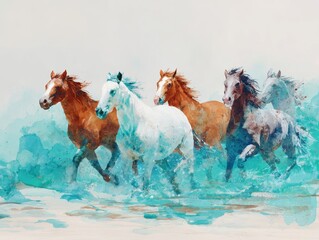 Wild Horses Running Along Beach With Turquoise Abstract Water Spray On White Background